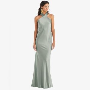 Lovely Draped Twist Halter Tie-Back Trumpet Gown - Willow Green
